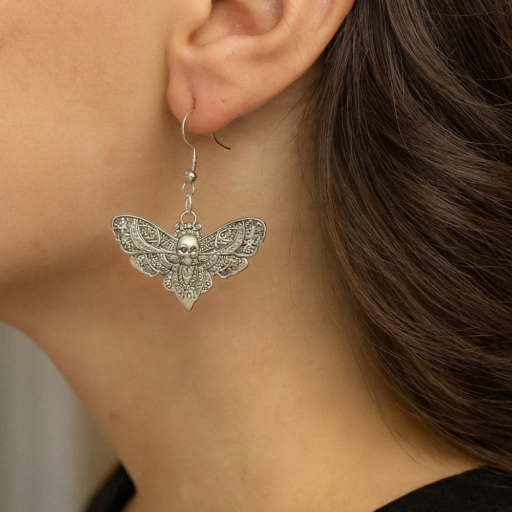 Gothic Death-head Hawkmoth Silver Toned Dangle Earrings